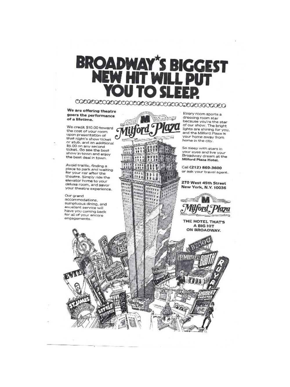Print Ad Broadways Biggest New Hit Milford Plaza Hotel NYC Theatre Vintage 1980s